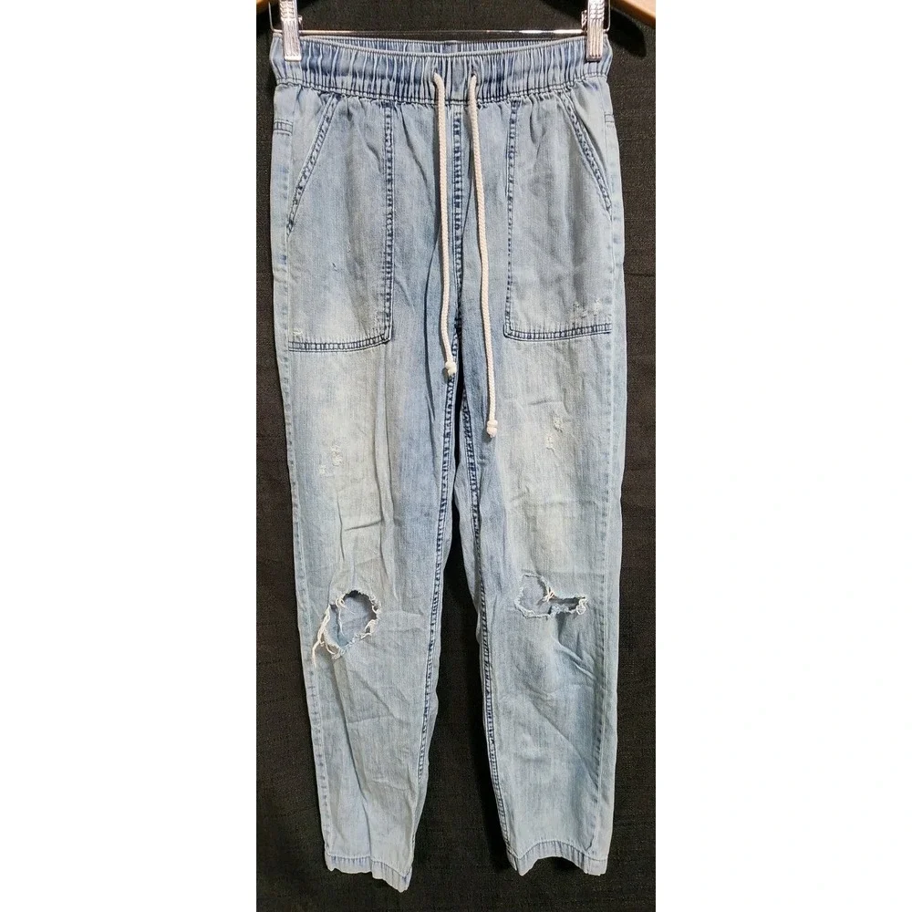 Aerie AE Super High-Waisted Cargo Denim Jogger Light Blue XS Drawstring Casual‎
